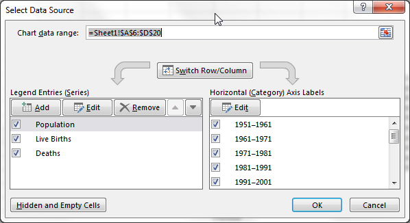 Excel datu diapazona nosaukuma datu sērija