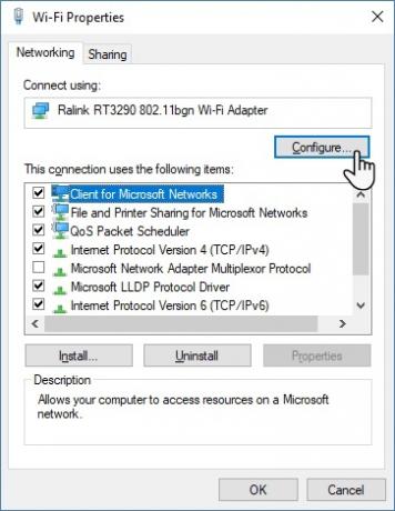 Kā izslēgt Wi-Fi, pievienojot Ethernet operētājsistēmas Windows 10 Wifi rekvizītos