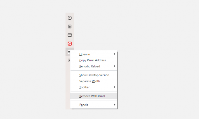 Ekrānuzņēmums, kurā parādīts, kā noņemt tīmekļa paneļus programmā vivaldi