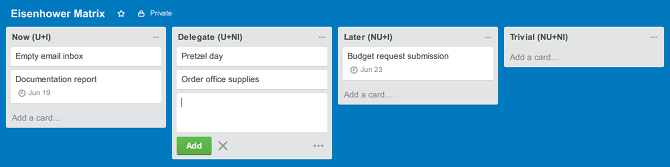 Kā prioritizēt uzdevumus, izmantojot Eizenhauera matricas produktivitātes sistēmu, trello eizenhauera matricas piederumi
