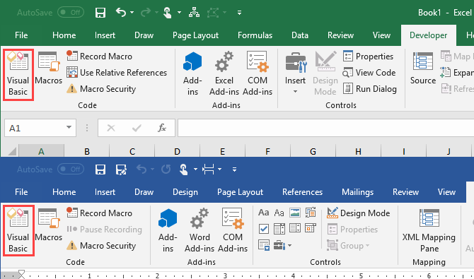 Visual Basic cilnē Izstrādātājs programmās Microsoft Excel un Microsoft Word