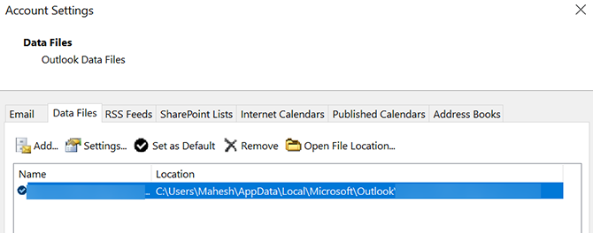 atvērt Outlook datu faila atrašanās vietu