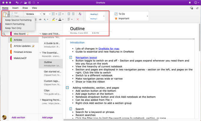 formatēšanas rīki programmā OneNote Mac