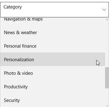 Windows 10 veikala personalizācijas kategorija