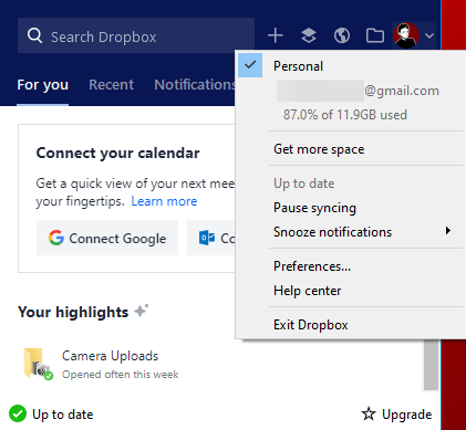 Dropbox izvēlne Windows