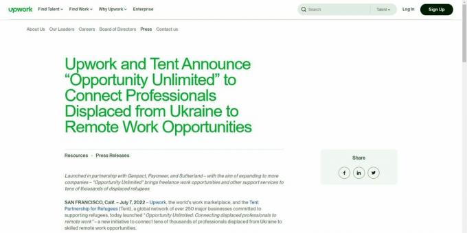 Attēls Upwork paziņojumam presei, kurā tiek paziņota iniciatīva