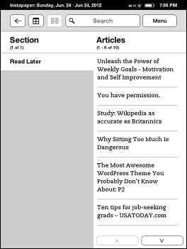 Kā saglabāt Web rakstus, lai tos vēlāk lasītu savā planšetdatorā, Kindle Instapaper, kas lasāms vēlāk rakstu sarakstā Skatīt īkšķi