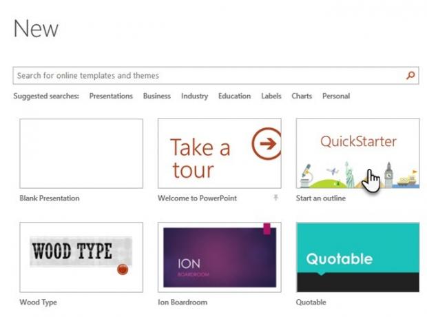 PowerPoint QuickStarter uzreiz ieskicē jebkuru jaunu prezentāciju un sāk jūs izslēgt labo PowerPoint Quickstarter Start