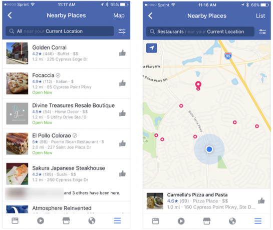 Satriecošas Facebook funkcijas, kuras jūs nekad nedomājāt noklikšķināt uz FacebookNearbyPlaces iPhone