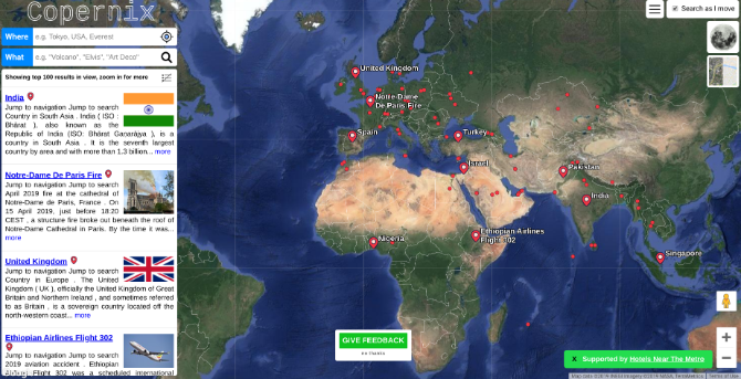 Pārlūkojiet pasaules karti ar interesantiem wikipedia ierakstiem vietnē Copernix