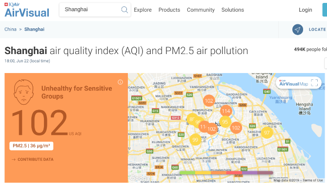 AirVisual parāda gaisa kvalitātes indeksu jebkurā pilsētā, kā arī noteiktās pilsētas daļās