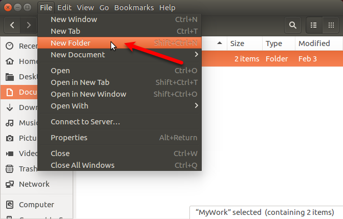 Dodieties uz File> New Folder in Nautilus Ubuntu