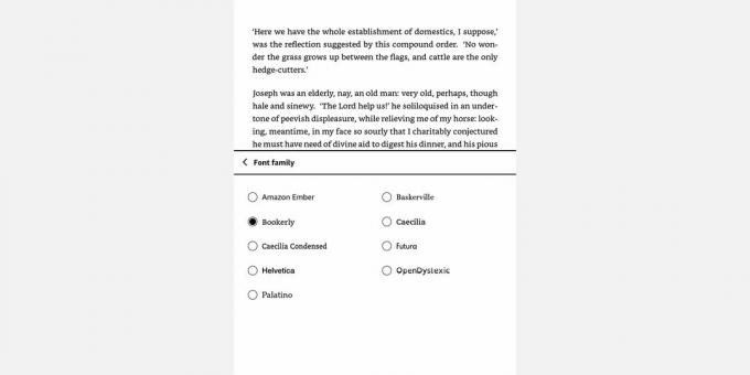 Amazon Kindle Font Family izvēlnes ekrānuzņēmums
