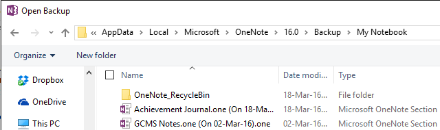 OneNote dublējuma mape