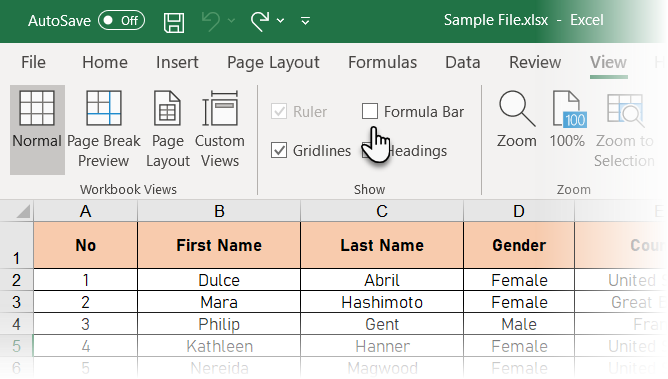 Paslēpiet formulas joslu, izmantojot Excel cilni Skats