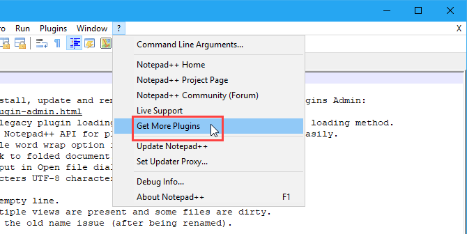 Notepad ++ izvēlnē Palīdzība atlasiet Saņemt vairāk spraudņu