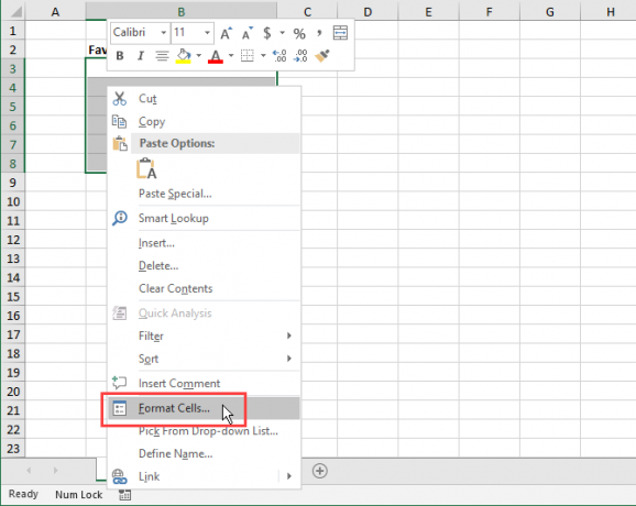 Excel konteksta izvēlnē atlasiet Format Cells