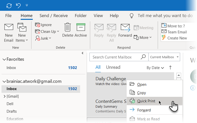 Ar peles labo pogu noklikšķiniet uz un Microsoft Outlook izvēlnē izvēlieties Ātrā drukāšana 