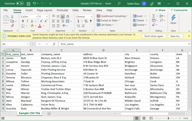 CSV fails ir atvērts programmā Excel