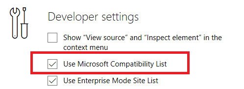 microsoft edge settings - atspējot Microsoft saderības sarakstu