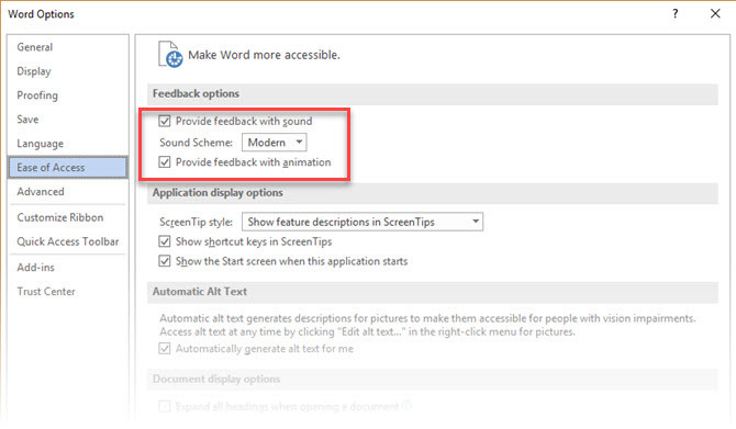 Kā izslēgt kaitinošas skaņas Microsoft Office 2016 vienkāršai piekļuvei skaņu efektiem