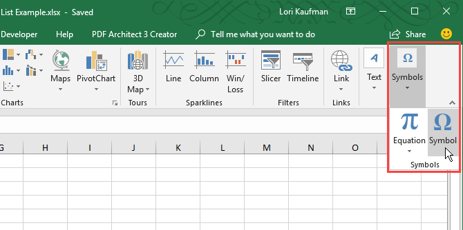 Excel cilnē Ievietot noklikšķiniet uz Simboli