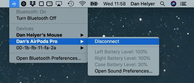 AirPods akumulatora līmenis MacOS Bluetooth izvēlnē