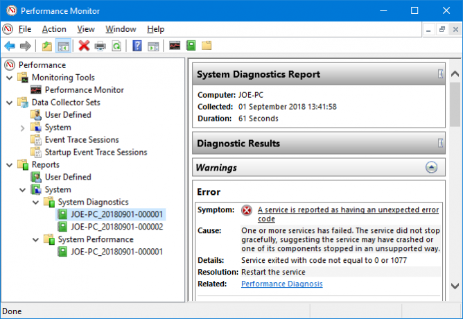 Windows 10 Performance Monitor diagnostikas rezultāti