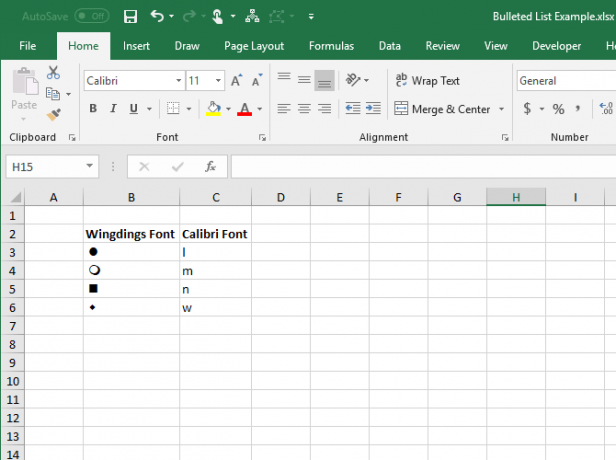 Burti Caliber fontā un līdzvērtīgi simboli Wingdings fontā Excel