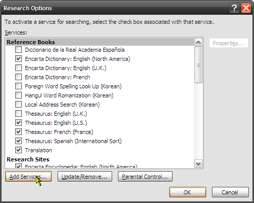 Kā izmantot izpētes funkciju programmā Microsoft Word 2007 4 pievienot pakalpojumus