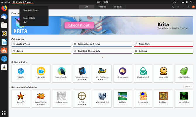 Jauna GNOME lietotnes izvēlne Ubuntu 19.04