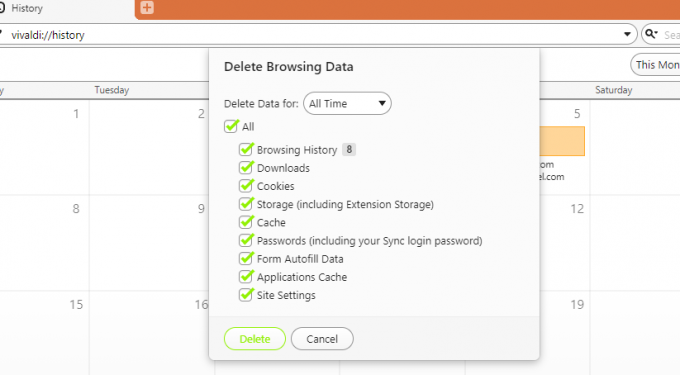 Vivaldi pārlūkošanas datu dzēšanas loga ekrānuzņēmums