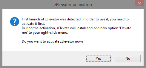 Pārtraukt UAC uzvedinājumu kaitināšanu - kā izveidot lietotāja konta kontroles balto sarakstu [Windows] zElevator aktivizācijas logs