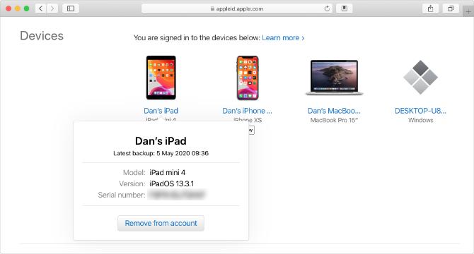 Apple ID vietne ar iPad sērijas numuru