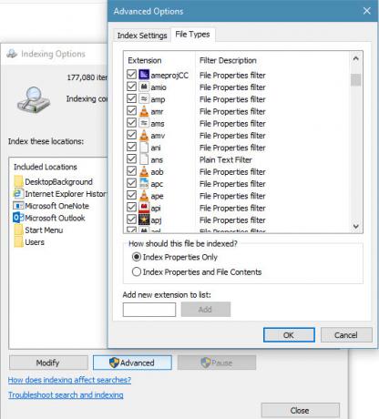 Kā izslēgt failu tipus no Windows 10 Meklēt Windows indeksēšanas opcijās