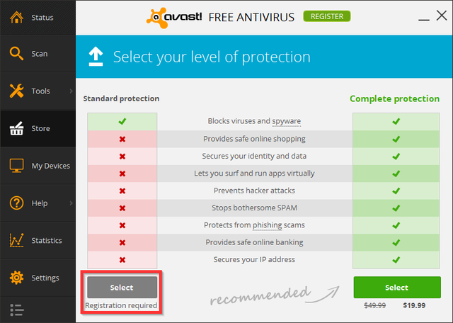 Avast - reģistrācija - atlasiet standartu