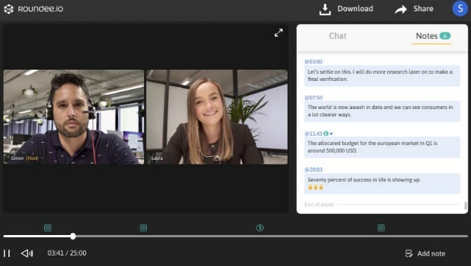 Roundee reģistrē video konferences zvanus un ļauj pievienot piezīmes ar laiku marķētām sanāksmes minūtēm
