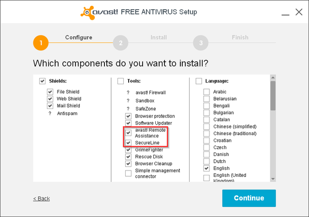 Avast - Instalēšana - izvēlieties komponentus, kurus instalēt