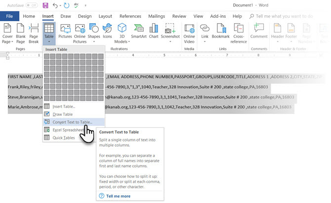 Microsoft Word konvertēt tekstu uz tabulu