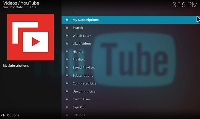 Kā instalēt un izmantot YouTube Kodi pievienojumprogrammu - pievienojumprogrammas sākuma izvēlni