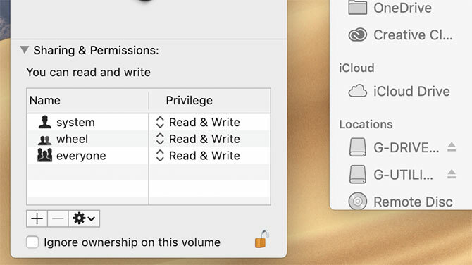 Cietā diska īpašumtiesību opcijas MacOS