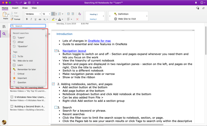 meklēt piezīmes programmā OneNote Mac