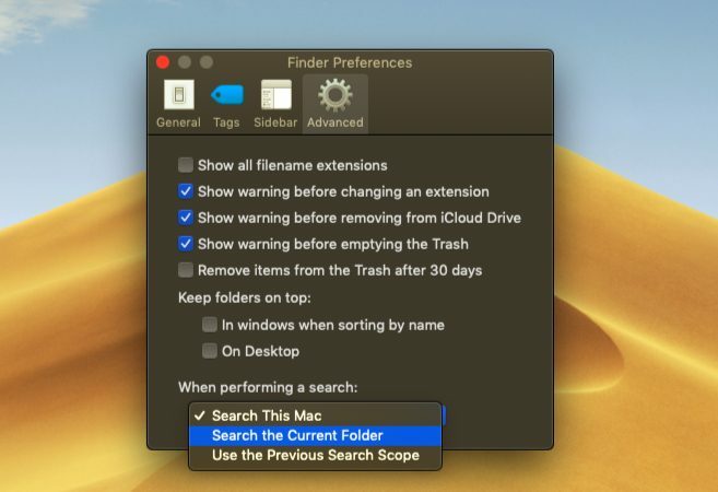 Pielāgotas meklēšanas opciju iestatīšana programmā MacOS Finder