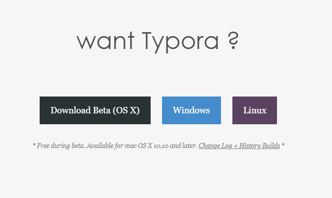 Typora vietne, kurā tiek rādītas Mac, Windows un Linux versijas