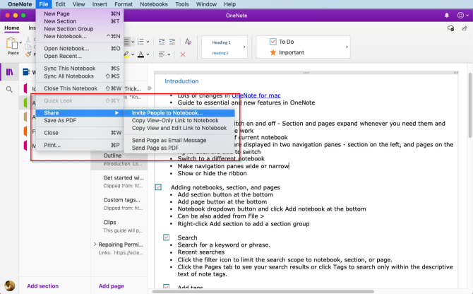 koplietošana un sadarbība programmā OneNote Mac