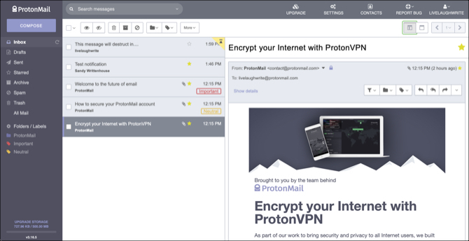 ProtonMail tīmekļa saskarne