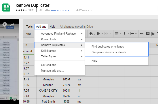 google sheet add-ons - noņemiet dublikātus 