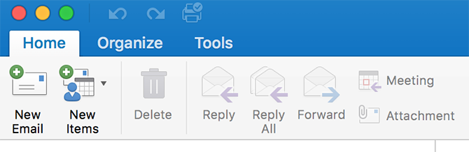 Outlook rīku izvēlne Mac