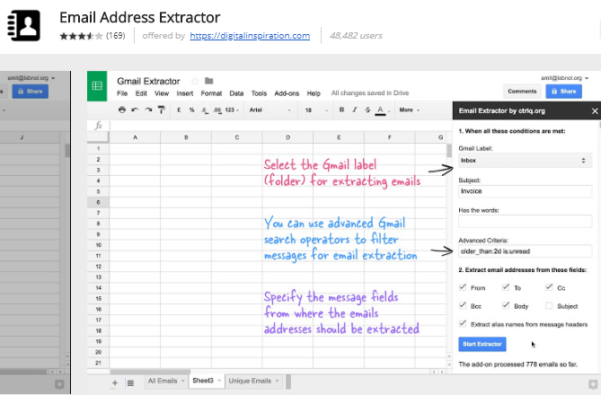 google sheet add-ons - e-pasta adreses nosūcējs