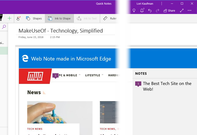 Web piezīme no Edge pakalpojumā OneNote